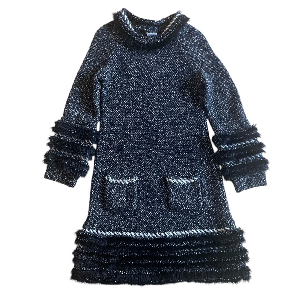 CHANEL Women’s 46 Cashmere Sweater Dress Fur Trim Long Sleeve Black White